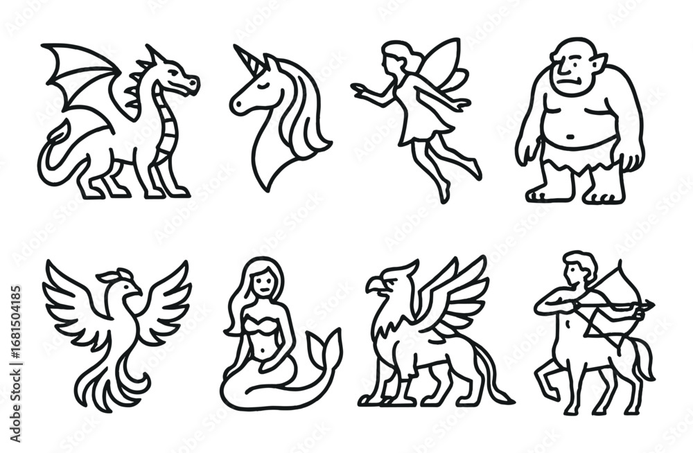 Fototapeta premium Sea creatures: dolphin, turtle, crab, starfish, jellyfish, seahorse, fish, coral icons