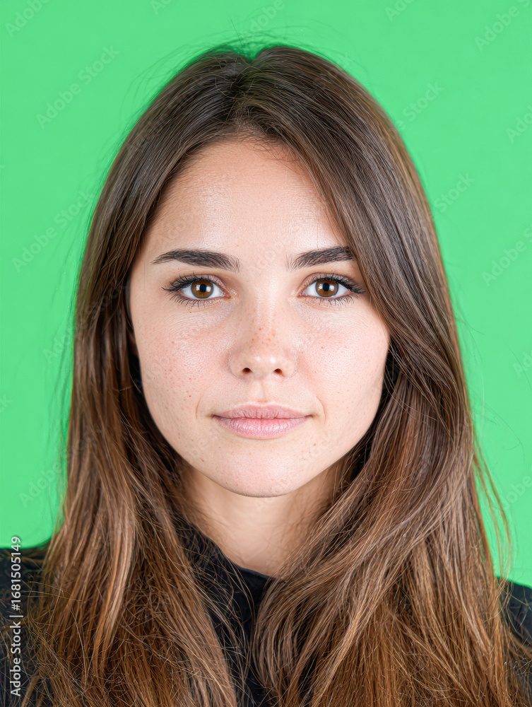 Fototapeta premium A portrait of a young woman with long hair, posing against a vibrant green background, exuding confidence and clarity.