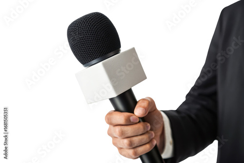 Professional journalist hand holding microphone for interview broadcast media news reporting