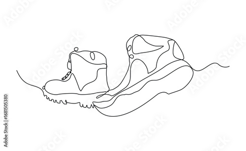 Continuous line of man office formal work shoes or safety hiking boots. Single line drawing editable stroke. Vector illustration