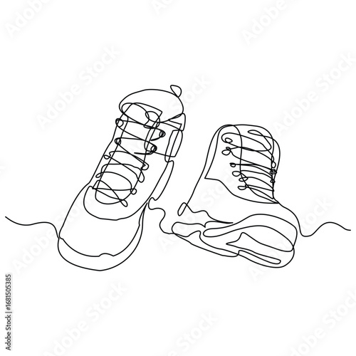 Continuous line of man office formal work shoes or safety hiking boots. Single line drawing editable stroke. Vector illustration