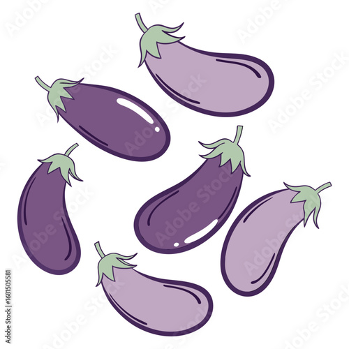Vector art of a collection of seven purple eggplants arranged in a circular pattern, isolated on white background