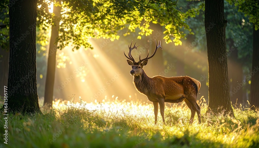 Fototapeta premium Majestic deer in the sunlit forest