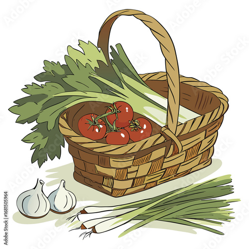 Vector art of a rustic woven basket overflowing with fresh vegetables including tomatoes, celery, leeks, and green onions, with garlic bulbs in the foreground