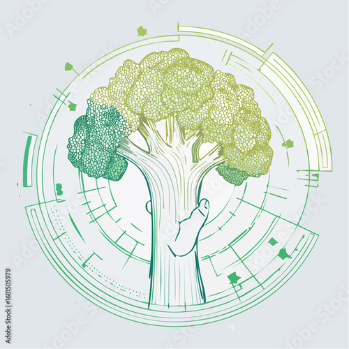 Green Broccoli Illustration with Abstract Circular Design