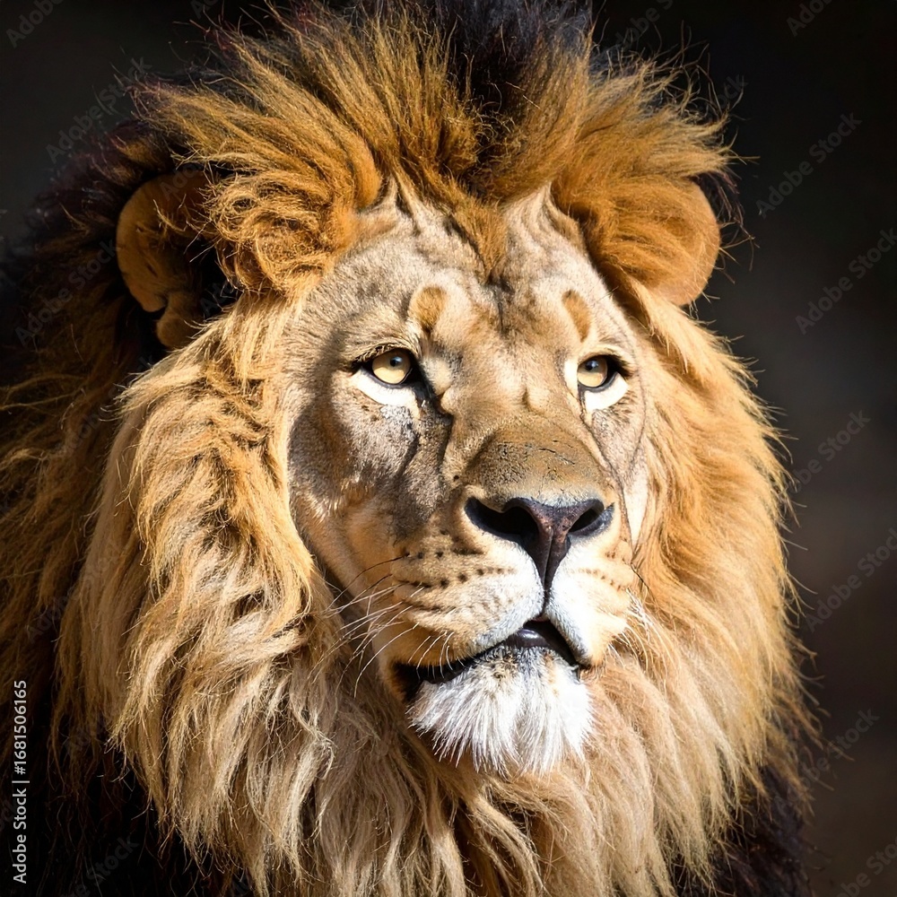 Fototapeta premium Close up portrait of a majestic lion in dramatic lighting