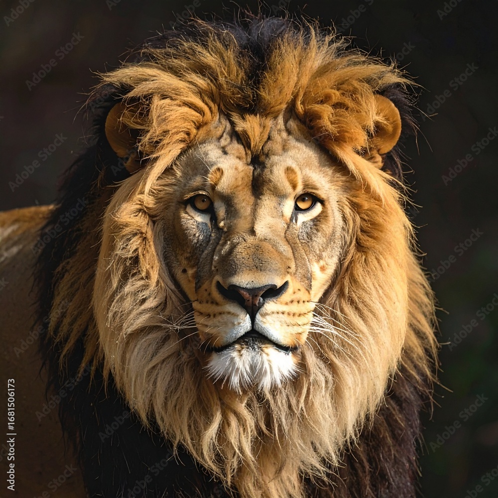 Fototapeta premium Close up portrait of a majestic lion in dramatic lighting