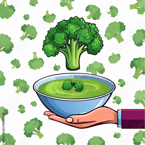 Hand Holding Bowl of Green Broccoli Soup with Broccoli Pattern Background