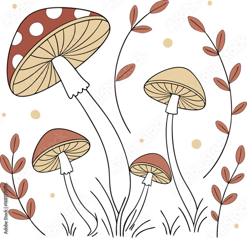 Vector art of a whimsical illustration of various mushrooms with red spotted caps and brown leaves, set against a dark background, evoking a magical forest or autumn theme