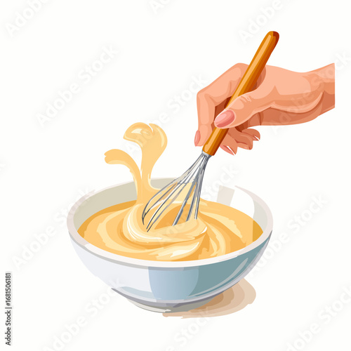 Hand Mixing Creamy Batter in White Bowl with Whisk