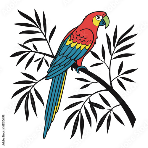 Colorful illustration of a red and blue macaw parrot perched on a branch with green leaves, isolated on white background