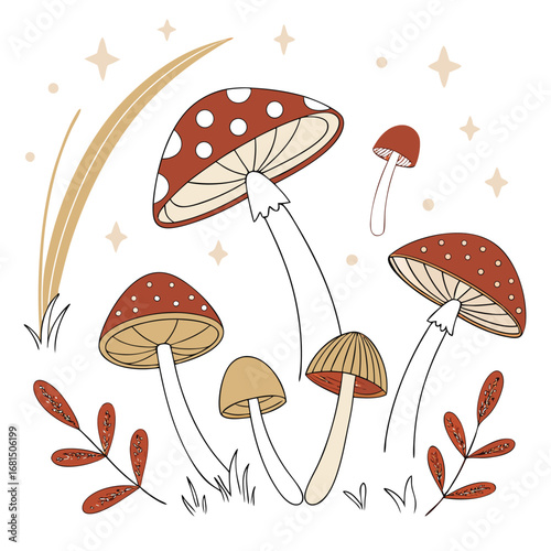 Vector art of whimsical illustration of various mushrooms with spotted caps and stems, surrounded by stylized leaves and sparkling stars