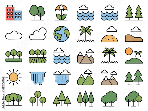 Nature and Environment Icon Set – Colorful Line Style Vector Collection for Eco and Outdoor Design