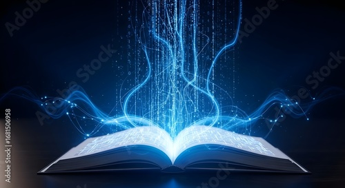 Illuminated open book emitting streams of bright blue digital information and energy