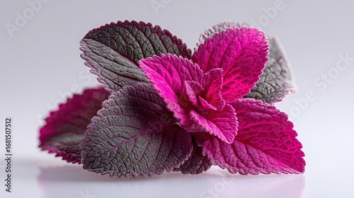 Vibrant pink and grey plant with textured leaves on a white surface