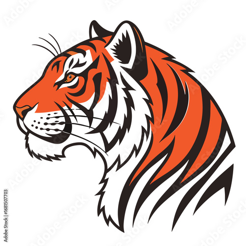 Graphic illustration of a fierce tiger head with orange and black stripes, isolated on white background