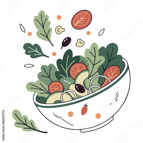 Fresh salad in a bowl with tomatoes, olives, and cheese, isolated on white background