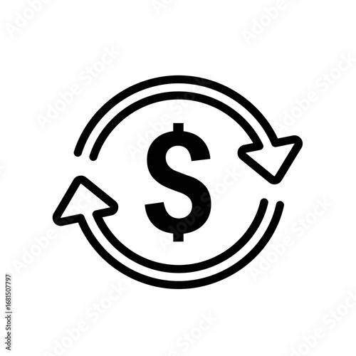 Financial Flow Symbol: A clean and modern black-and-white vector illustration, with a bold dollar sign encircled by two opposing arrows. Symbolizing the continuous cycle of money circulation.
