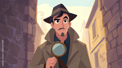 Detective character looking through magnifying glass in city alley