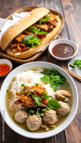 Asian noodle soup and sandwich