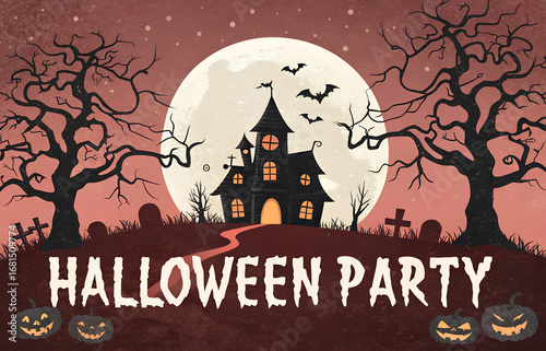 Halloween background with tombstone, pumpkin, haunted house and full moon. Flyer or invitation template for Halloween party
