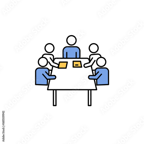 Collective Strategy: A group of diverse individuals gather around a table, their faces focused on collaborative endeavors, representing the art of teamwork and decision-making in a simple.