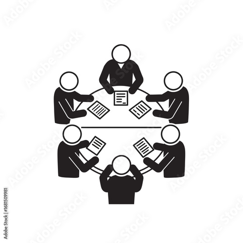 Collaborative Decision-Making: A top-down perspective of a meeting illustrates people gathered around a table, signifying cooperation and consensus in the workspace. 
