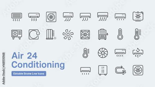 A set of 24 minimalist line art icons related to air conditioning and home comfort, arranged in a grid format.Editable stroke.
