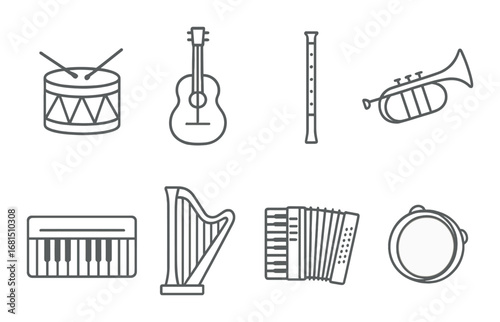 Set of musical instrument icons featuring guitar, drum, and trumpet on dark background