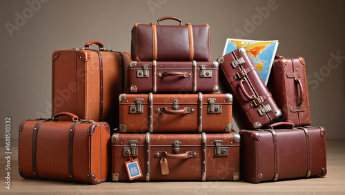 A large stack of vintage leather suitcases and trunks in varying shades of brown. A rolled-up map in the background adds a sense of adventure and nostalgia, symbolizing a journey.