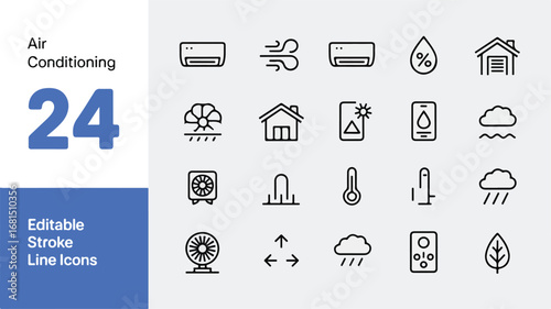 A set of 24 minimalist line art icons related to air conditioning and home comfort, arranged in a grid format.Editable stroke.