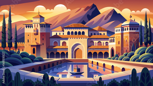 Alhambra Palace, Spain, presents Islamic arches, ornate mosaics, and palace courtyards framed by mountains. Sunset tones enhance geometry; semi-realistic flat vector emphasizing ornamental depth and g