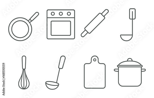 Outline icons of kitchen utensils and appliances on a dark background