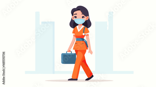 Female healthcare worker walking with briefcase