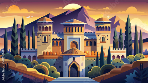 Alhambra Palace, Spain, presents Islamic arches, ornate mosaics, and palace courtyards framed by mountains. Sunset tones enhance geometry; semi-realistic flat vector emphasizing ornamental depth and g
