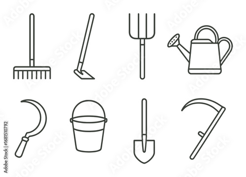 Line art illustrations of essential gardening tools on green background