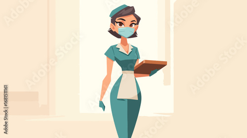 Female staff member holding tray in teal uniform