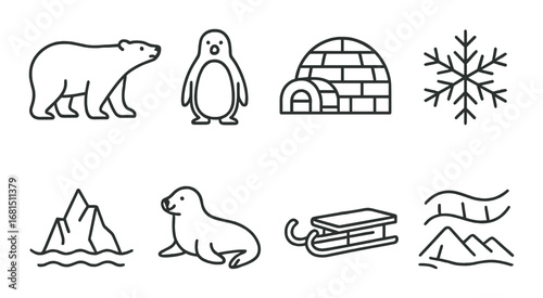 Arctic icons: polar bear, penguin, igloo, snowflake, iceberg, seal, sled, waves
