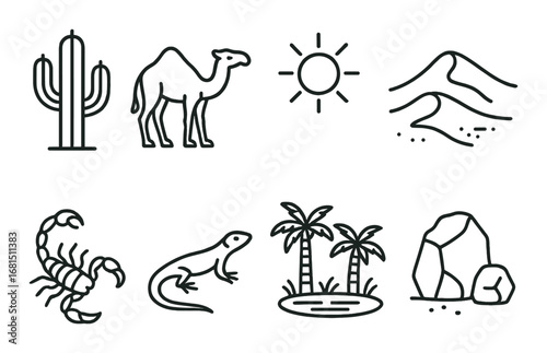 Desert symbol set with camel, cactus, sun, sand dunes, and palm oasis