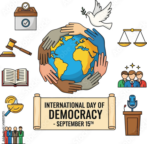 International day of democracy illustration featuring diverse elements and global unity concept art