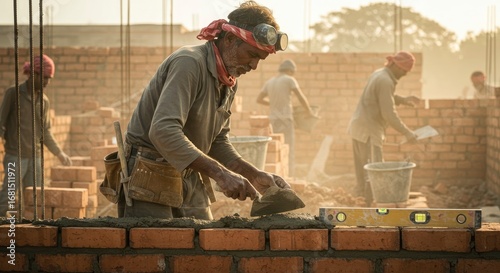 A bricklayer in work clothes goggles  red headscarf levels bricks on a wall at a construction site Other workers  materials surround him