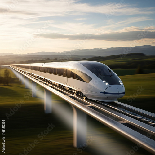 High speed train on elevated track speeds towards city at sunset glow