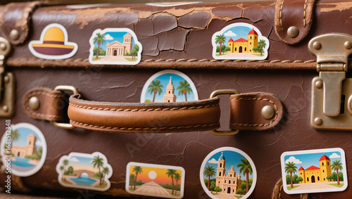 A close-up of a rustic, well-worn leather suitcase adorned with various travel stickers. The image is a nostalgic celebration of a globetrotter's adventures, showcasing the charm of past journeys.

