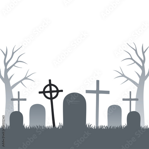 Cemetery scene with tombstones and bare trees crosses grass