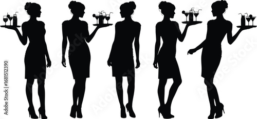 Waitress silhouettes vector, female server illustration, tray carrying clipart, drink service graphic, hospitality industry image, elegant pose artwork,