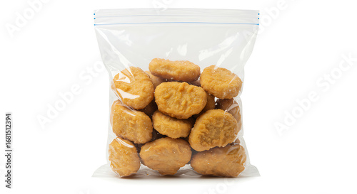 Bag of Frozen Chicken Nuggets for Quick Dinners and Lunchbox Treats Ready to Cook and Enjoy on White Background