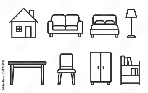 Minimalist home furniture icons: sofa, bed, lamp, table, chair, wardrobe, bookshelf