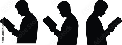 Reading man silhouette vector, male figure, book vector art, studying posture illustration, knowledge symbol, focused reader image,