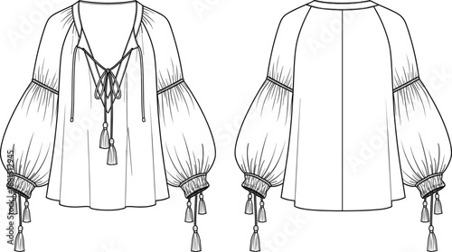 Women's bohemian blouse front and back view, bishop sleeves with smocked cuffs and tassels, deep v‑neck lace‑up, raglan sleeve design, fashion technical drawing
