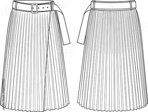Women's pleated skirt front and back view, high waist with belt and buckle, structured vertical pleats, elegant fashion flat sketch, garment technical drawing